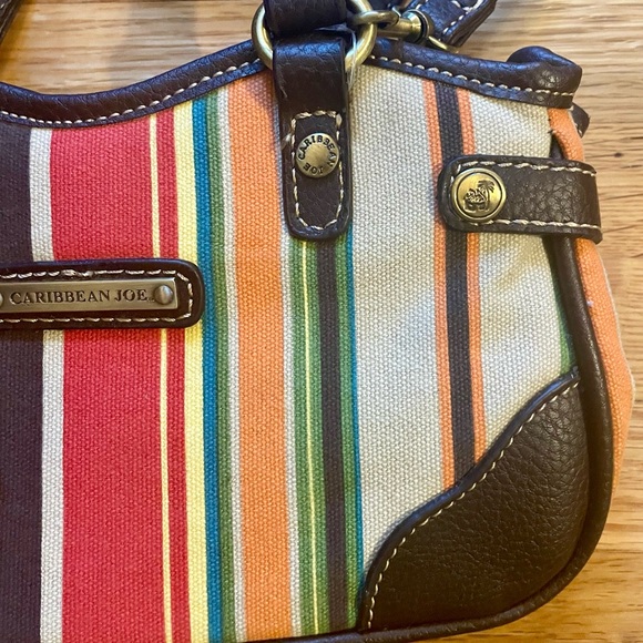 CARIBBEAN JOE (NWT) brown leather & multicolor striped canvas shoulder bag CUTE! - Picture 4 of 10